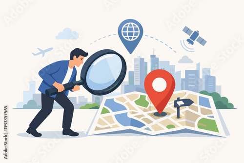 Man using a giant magnifying glass to find a specific location on a folded city map with a red pin, featuring satellite technology, globe icon, and urban skyline background flat vector design.