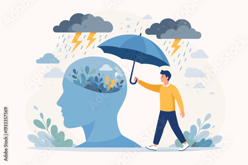 Mental health protection and psychological support concept with a man holding an umbrella over a human head profile to shield it from a storm of depression, anxiety, and negative emotions.