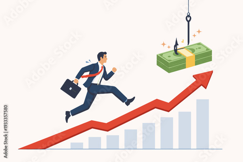 Businessman Running Up a Rising Growth Graph Chasing a Stack of Money on a Fishing Hook, Concept of Money Trap, Financial Bait, Corporate Greed, Risk, and Ambition in Business Vector Illustration.