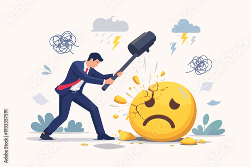 Businessman Smashing a Sad Emoji with a Sledgehammer to Overcome Stress, Anxiety, and Depression. Concept of Mental Health Awareness, Emotional Resilience, and Fighting Burnout in the Workplace.
