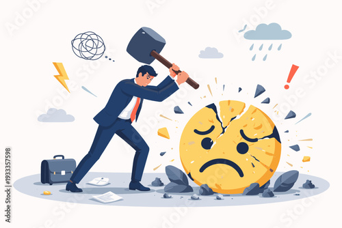 Businessman hitting a giant sad emoji with a hammer, concept of overcoming stress, anxiety, depression, and mental health issues at work, emotional resilience and positive mindset illustration.