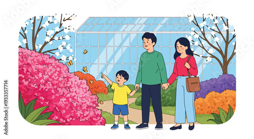 Modern vector illustration of family exploring botanical garden in spring season. Travel education and outdoor lifestyle concept with parents and children enjoying blooming plants together
