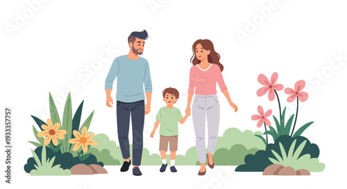 Modern vector illustration of family exploring botanical garden in spring season. Travel education and outdoor lifestyle concept with parents and children enjoying blooming plants together