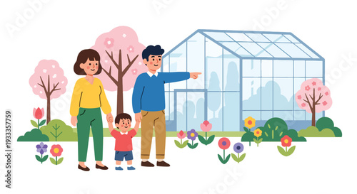 Modern vector illustration of family exploring botanical garden in spring season. Travel education and outdoor lifestyle concept with parents and children enjoying blooming plants together