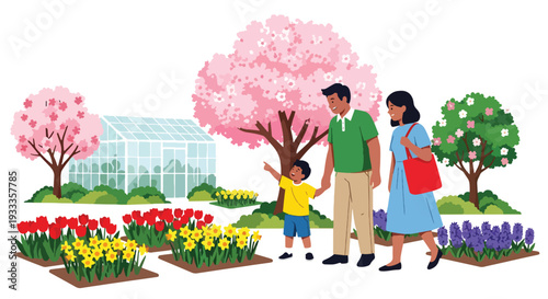 Modern vector illustration of family exploring botanical garden in spring season. Travel education and outdoor lifestyle concept with parents and children enjoying blooming plants together