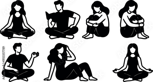 Flat design silhouettes of seated people meditating reading and hugging knees in calm poses for mental health wellness minimalist illustration