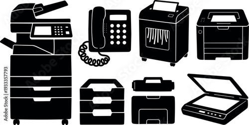 Flat design vector office equipment set showing multifunction copier printer scanner telephone shredder paper trays top view black silhouette isolated