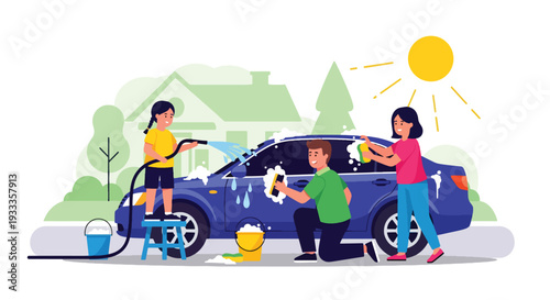 Modern vector illustration of family washing car together on sunny spring day. Home outdoor activity and teamwork bonding lifestyle concept with parents and children enjoying weekend