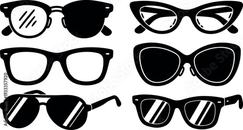Flat design collection of six black eyeglass and sunglass silhouettes showing front and three quarter angles bold minimal vector isolated