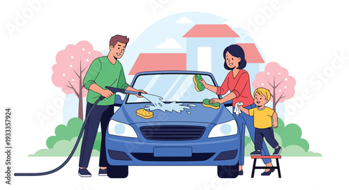 Modern vector illustration of family washing car together on sunny spring day. Home outdoor activity and teamwork bonding lifestyle concept with parents and children enjoying weekend