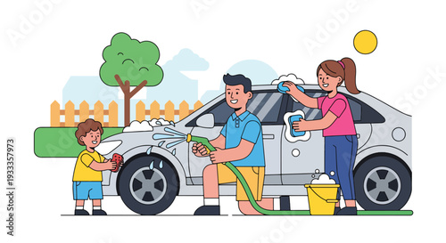Modern vector illustration of family washing car together on sunny spring day. Home outdoor activity and teamwork bonding lifestyle concept with parents and children enjoying weekend