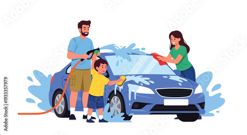 Modern vector illustration of family washing car together on sunny spring day. Home outdoor activity and teamwork bonding lifestyle concept with parents and children enjoying weekend