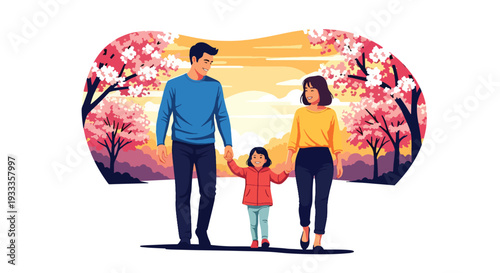 Modern vector illustration of family walking together at sunset in spring park holding hands. Peaceful outdoor bonding and lifestyle concept with blooming trees and seasonal nature