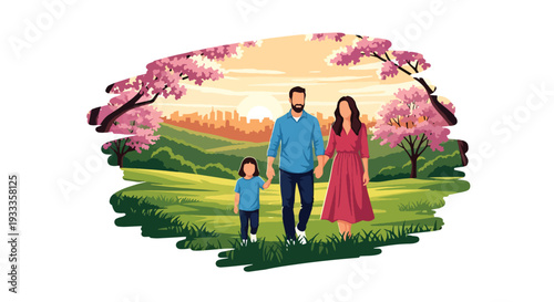 Modern vector illustration of family walking together at sunset in spring park holding hands. Peaceful outdoor bonding and lifestyle concept with blooming trees and seasonal nature