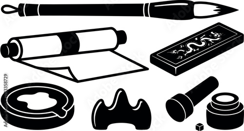 Flat design top view traditional calligraphy brush ink stone ink stick ink pad paper scroll arranged on white background minimalist