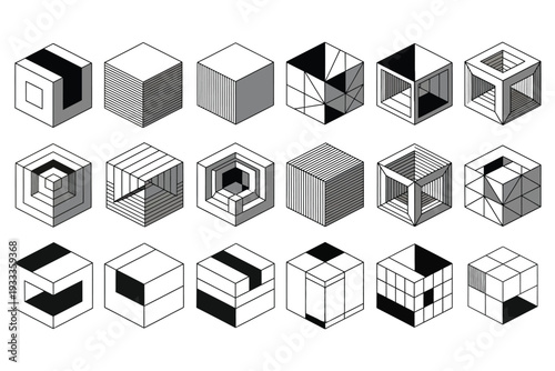 Isometric 3d cubes with various patterns and shading techniques