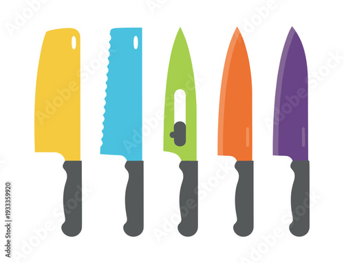 Assortment of various kitchen knives for cutting, mincing, and chopping, showcasing a range of colors and diverse blade styles