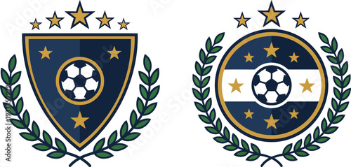 Elegant set of two heraldic soccer crest logos featuring classic shields, footballs, golden stars, and green laurel wreaths isolated on a transparent vector background