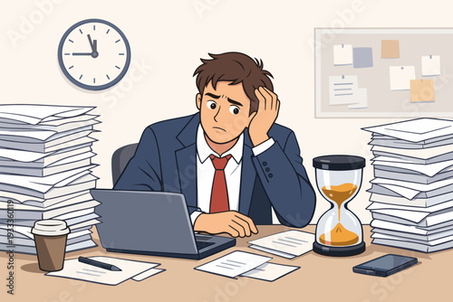 Stressed Young Businessman Sitting at Office Desk with Laptop and Huge Piles of Paperwork, Overwhelmed by Workload and Deadlines, Concept of Overwork, Burnout, and Time Management Pressure.