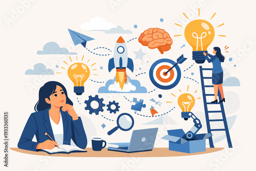 Business creativity and finding solution vector concept with businesswoman sitting at desk thinking and writing in notebook surrounded by lightbulbs, rocket, brain, target, and ladder symbols.