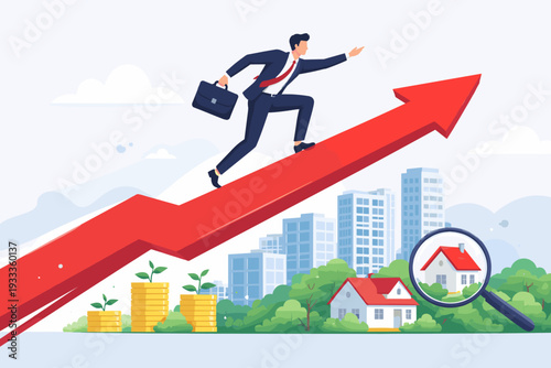 Business Real Estate Investment Concept with Businessman Running Up a Growing Red Arrow Over City Skyline, Stacks of Gold Coins with Plants, and Houses for Property Market Growth and Success