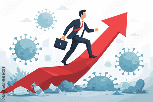 Businessman in a suit running up a rising red arrow amidst coronavirus particles, face masks, and hand sanitizer, symbolizing economic recovery and business growth during the COVID-19 pandemic.