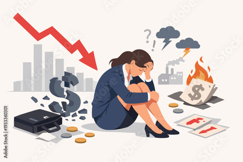 Stressed Businesswoman Sitting on Floor Amidst Financial Crisis, Economic Downturn, Stock Market Crash, Investment Loss, Bankruptcy, and Global Recession Symbols with Red Downward Arrow Graph