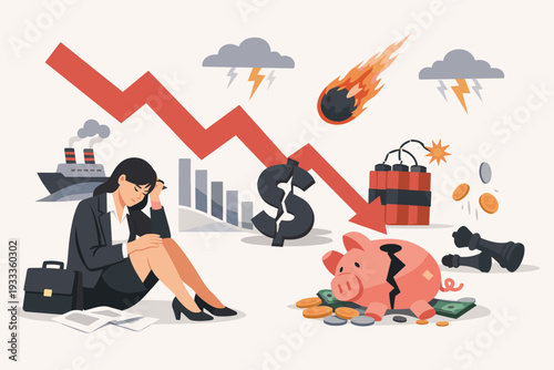 Businesswoman Sitting in Despair Amidst Economic Crisis and Financial Failure with Stock Market Crash Arrow Broken Piggy Bank Sinking Ship Meteor and Dynamite Representing Global Recession