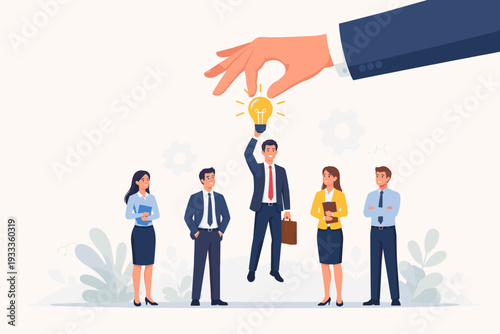 Human Resources Concept for Choosing the Best Candidate. A Giant Hand Picks a Businessman Holding a Glowing Lightbulb Idea from a Group of Professional Employees. Recruitment and Talent Search.
