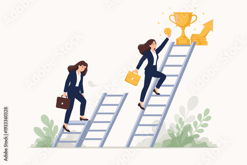 Business Success and Failure Concept with Two Businesswomen on Ladders. One Happy Woman Climbing Up to a Gold Trophy and Coins while Another Sad Woman Steps Down a Broken Ladder. Flat Vector.