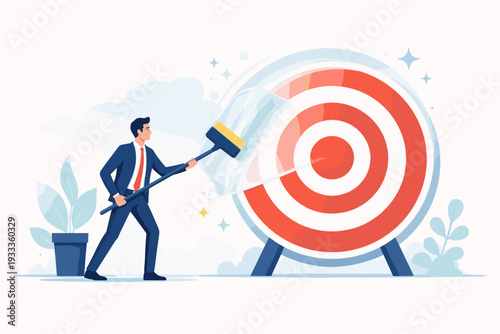 Businessman Cleaning a Blurry Target with a Squeegee to Gain Focus and Clarity on Business Goals, Concept of Strategic Vision, Task Performance, Achieving Success, and Clear Objectives Vector