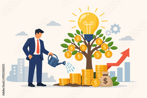 Businessman watering a money tree with gold coins and a glowing lightbulb idea, representing financial growth, investment strategy, capital gain, startup success, and wealth management concept.