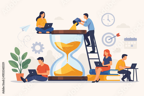 Team of Professionals Working Together with Laptops Around a Large Hourglass for Effective Time Management, Productivity, Deadline Planning, and Business Project Coordination Flat Illustration
