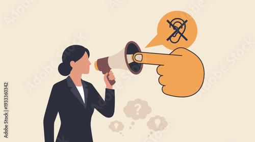 Business Woman with Megaphone Being Silenced by a Giant Finger Plugging the Speaker, Refusing to Listen and Ignoring New Ideas Concept with Speech Bubble and Crossed Out Ear Icon Illustration
