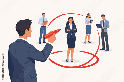 Recruitment and Selection Concept with Manager Drawing a Red Circle Around a Chosen Businesswoman Candidate. Human Resources, Talent Acquisition, and Leadership Flat Vector Illustration.