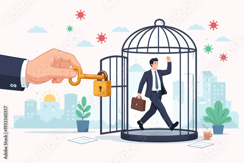 Businessman Released from Birdcage by Giant Hand with Key Symbolizing Economic Recovery and End of COVID-19 Lockdown Restrictions for Business Reopening and Normal Operation in City Skyline