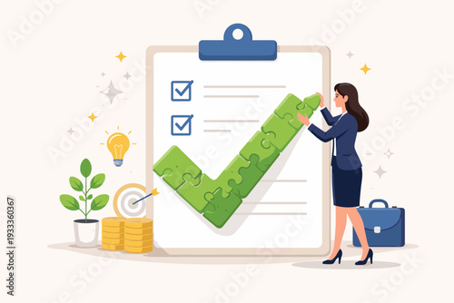 Businesswoman finishing a large green puzzle checkmark on a clipboard. Concept of project completion, task management, success, achievement, business goal accomplishment, and problem solving.