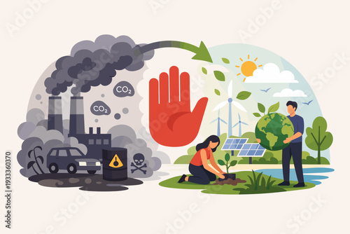 Stop air pollution and carbon dioxide reduction concept with toxic emissions from factories and cars versus clean renewable energy like wind turbines, solar panels, and planting trees.