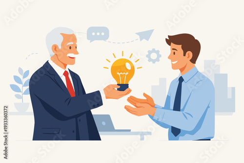 Senior Businessman Mentoring Young Employee by Sharing a Creative Idea and Solution, Manager Giving Glowing Lightbulb to Colleague for Problem Solving and Innovation in Modern Office Environment.