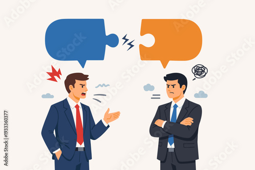 Two businessmen in suits arguing and having a heated disagreement with jigsaw puzzle speech bubbles that do not fit together, symbolizing communication failure, conflict, and misunderstanding.