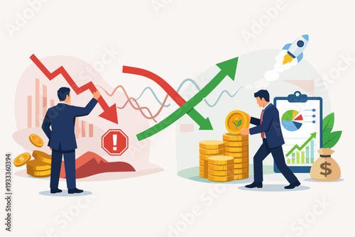 Professional businessman managing investment portfolio during stock market volatility with stop loss strategy and growth analysis. Financial planning for wealth, profit, and risk management.