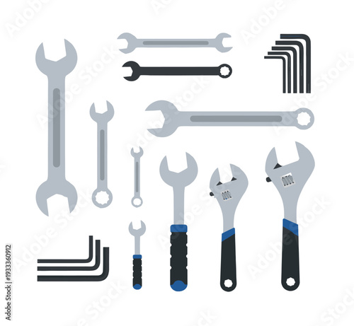 Collection of common hand tools including different types of wrenches and hex keys, useful for DIY, repairs, and workshop tasks