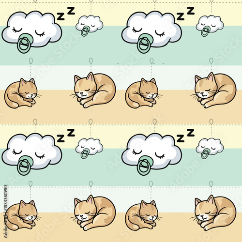 Cute sleeping kittens and clouds with pacifiers on pastel striped background, baby pattern