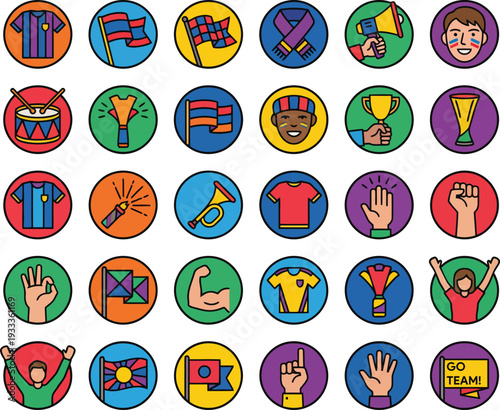 Extensive collection of thirty circular sports fan and supporter icons featuring colorful jerseys, flags, drums, and cheering hands on a transparent vector background