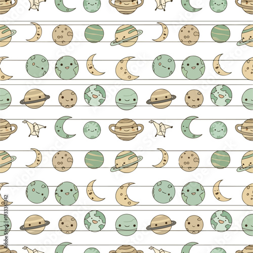 Cute Kawaii Planets and Moons Seamless Pattern - Adorable Space Theme for Kids and Design