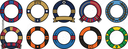 Set of ten colorful circular sports frames and borders featuring soccer team scarves, shields, and laurel wreaths isolated on a transparent background for logo design
