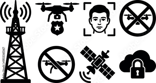 Flat icon set with drone surveillance tower satellite face recognition no fly symbols police badge and cloud lock security vector