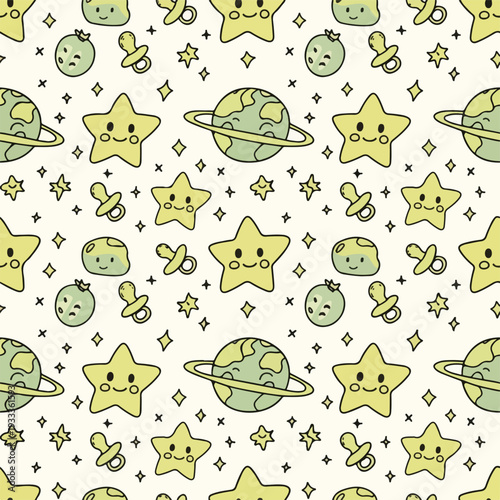 Whimsical seamless pattern featuring smiling stars, planets, and baby pacifiers. Perfect for nursery textiles, kids' apparel, and cute cosmic designs.