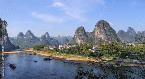 The Li River sinuosity at the ancient town Xingping with its famous karst mountains in Guilin, China