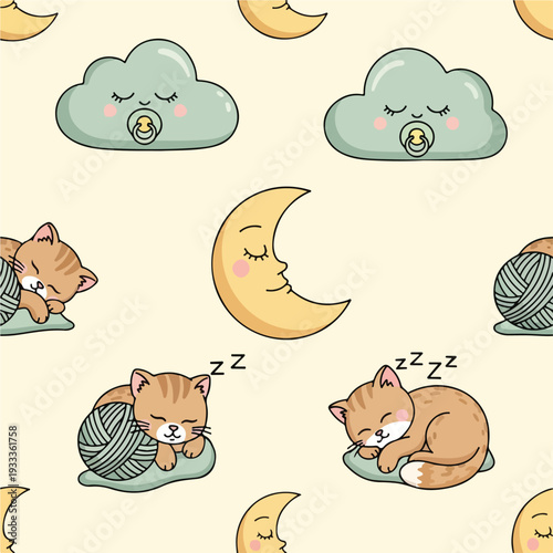Adorable seamless pattern with sleeping kittens, cute clouds with pacifiers, and peaceful crescent moons, perfect for baby nursery and children's textiles.